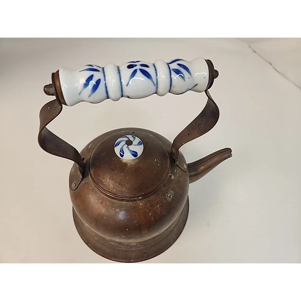 Copper Tea Kettle with Delft Blue Ceramic Handle & Knob Kitchen Farmhouse Pot